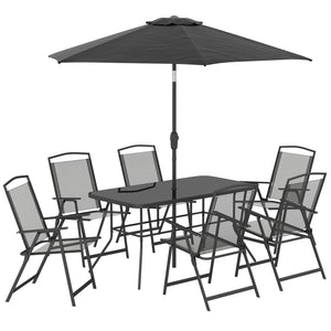 8 Piece Patio Dining Set with Table Umbrella, 6 Folding Chairs and Rectangle Dining Table, Outdoor Patio Furniture Set, Black