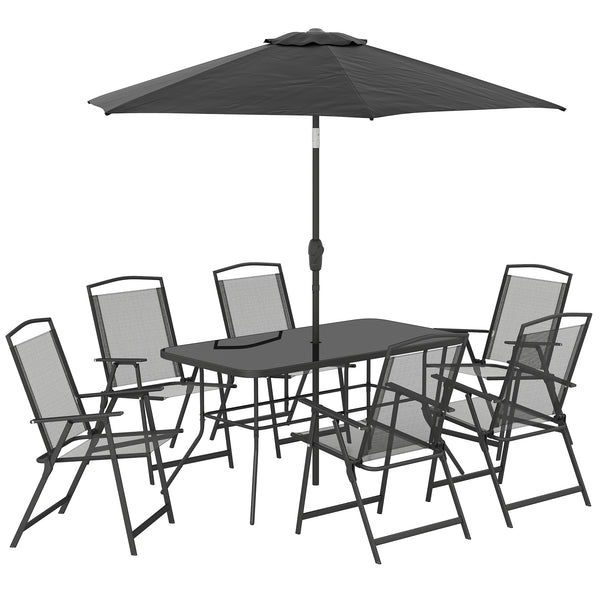 8 Piece Patio Dining Set with Table Umbrella, 6 Folding Chairs and Rectangle Dining Table, Outdoor Patio Furniture Set, Black