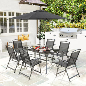 8 Piece Patio Dining Set with Table Umbrella, 6 Folding Chairs and Rectangle Dining Table, Outdoor Patio Furniture Set, Black