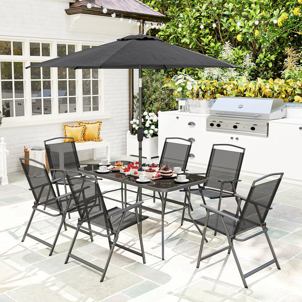 8 Piece Patio Dining Set with Table Umbrella, 6 Folding Chairs and Rectangle Dining Table, Outdoor Patio Furniture Set, Black