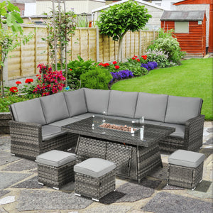 7 Pieces PE Rattan Garden Furniture Set, 50,000 BTU Gas Fire Pit Table, Double Corner Sofa and 3 Footstools, 6 Seater Furniture Sofa Sets with Cushions for Conservatory, Grey