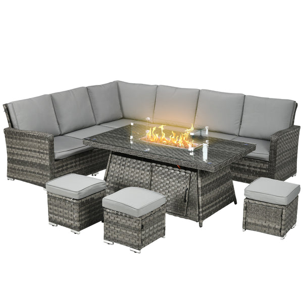 7 Pieces PE Rattan Garden Furniture Set, 50,000 BTU Gas Fire Pit Table, Double Corner Sofa and 3 Footstools, 6 Seater Furniture Sofa Sets with Cushions for Conservatory, Grey