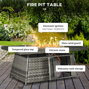 7 Pieces PE Rattan Garden Furniture Set, 50,000 BTU Gas Fire Pit Table, Double Corner Sofa and 3 Footstools, 6 Seater Furniture Sofa Sets with Cushions for Conservatory, Grey