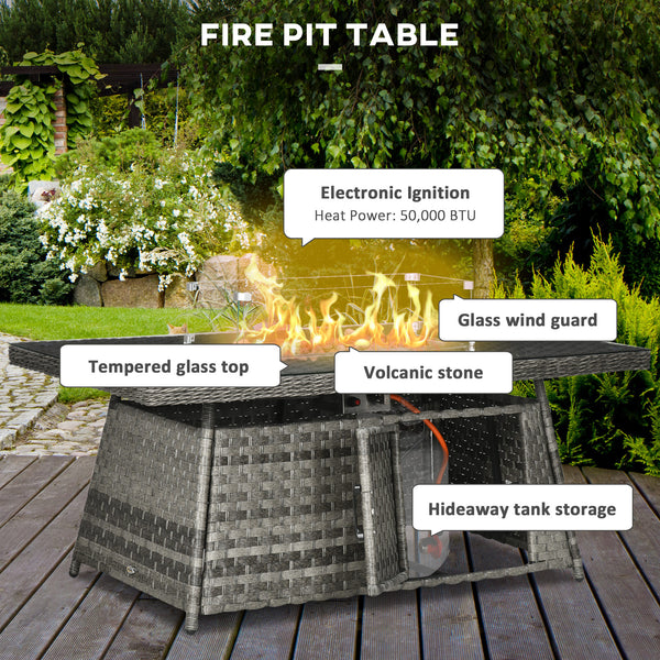 7 Pieces PE Rattan Garden Furniture Set, 50,000 BTU Gas Fire Pit Table, Double Corner Sofa and 3 Footstools, 6 Seater Furniture Sofa Sets with Cushions for Conservatory, Grey
