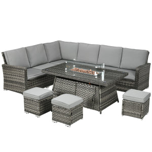 7 Pieces PE Rattan Garden Furniture Set, 50,000 BTU Gas Fire Pit Table, Double Corner Sofa and 3 Footstools, 6 Seater Furniture Sofa Sets with Cushions for Conservatory, Grey