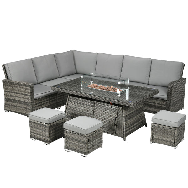 7 Pieces PE Rattan Garden Furniture Set, 50,000 BTU Gas Fire Pit Table, Double Corner Sofa and 3 Footstools, 6 Seater Furniture Sofa Sets with Cushions for Conservatory, Grey