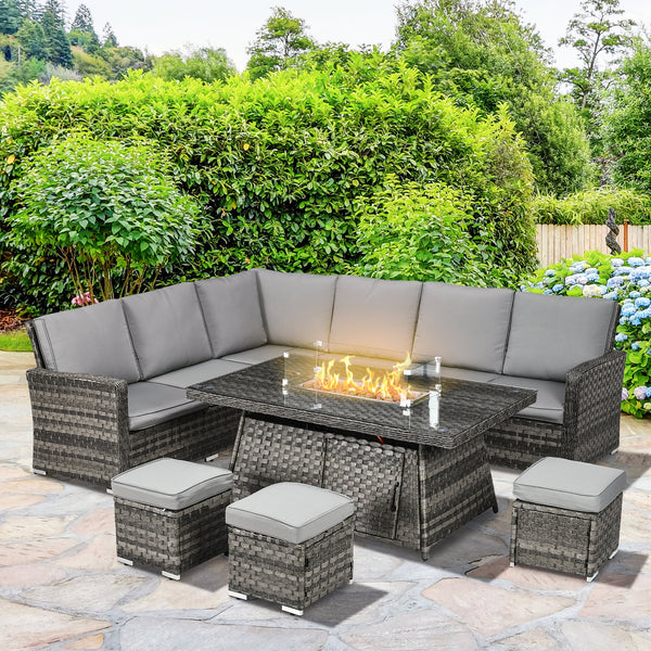 7 Pieces PE Rattan Garden Furniture Set, 50,000 BTU Gas Fire Pit Table, Double Corner Sofa and 3 Footstools, 6 Seater Furniture Sofa Sets with Cushions for Conservatory, Grey