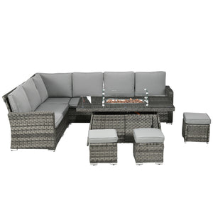 7 Pieces PE Rattan Garden Furniture Set, 50,000 BTU Gas Fire Pit Table, Double Corner Sofa and 3 Footstools, 6 Seater Furniture Sofa Sets with Cushions for Conservatory, Grey