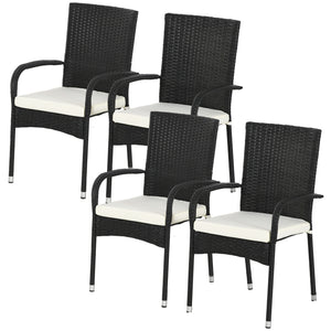 Outsunny Stackable PE Rattan Outdoor Dining Chairs with Cushions, Set of 4 Patio Wicker Dining Chairs with Armrests and Backrest for Patio, Deck, Cream White