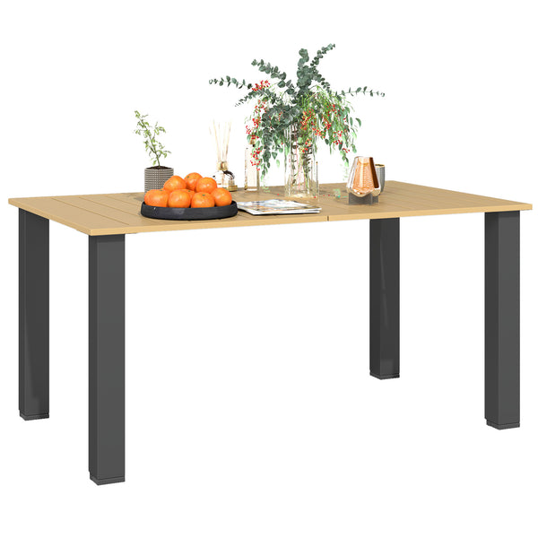 Garden Dining Table for 6 Person with Parasol Hole, Rectangle Outdoor Garden Table with Slatted Metal Tabletop, Steel Frame for Patio, Balcony, 150 x 90 x 73 cm, Brown