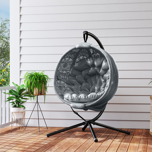 Outdoor Hanging Chair, Swing Chair with Metal Stand, Thick Padded Cushion, Foldable Basket and Side Pocket, for Indoor and Outdoor, Charcoal Grey