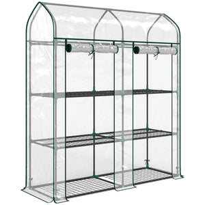 3 Tier Mini Greenhouse, 56.3" x 18.1" x 65" Small Portable Greenhouse with 2 Roll-up Doors, Garden Plant Growhouse with PVC Cover for Indoor Outdoor, Clear