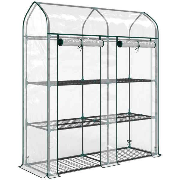 3 Tier Mini Greenhouse, 56.3" x 18.1" x 65" Small Portable Greenhouse with 2 Roll-up Doors, Garden Plant Growhouse with PVC Cover for Indoor Outdoor, Clear