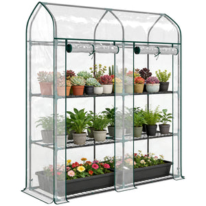 3 Tier Mini Greenhouse, 56.3" x 18.1" x 65" Small Portable Greenhouse with 2 Roll-up Doors, Garden Plant Growhouse with PVC Cover for Indoor Outdoor, Clear