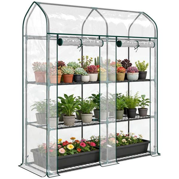 3 Tier Mini Greenhouse, 56.3" x 18.1" x 65" Small Portable Greenhouse with 2 Roll-up Doors, Garden Plant Growhouse with PVC Cover for Indoor Outdoor, Clear