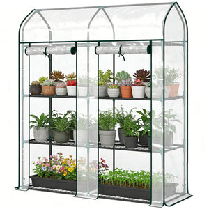 3 Tier Mini Greenhouse, 56.3" x 18.1" x 65" Small Portable Greenhouse with 2 Roll-up Doors, Garden Plant Growhouse with PVC Cover for Indoor Outdoor, Clear