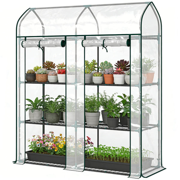 3 Tier Mini Greenhouse, 56.3" x 18.1" x 65" Small Portable Greenhouse with 2 Roll-up Doors, Garden Plant Growhouse with PVC Cover for Indoor Outdoor, Clear
