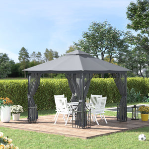 3 x 3m Garden Gazebo Patio Party Tent Shelter Outdoor Canopy Double Tier Sun Shade with Metal Frame and Netting, Light Grey