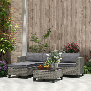 5 Pieces PE Rattan Garden Furniture Set, 4 Seater Garden Corner Sofa Set with Glass Coffee Table, Wicker Outdoor Furniture Set with Cushions for Patio Deck, Dark Grey
