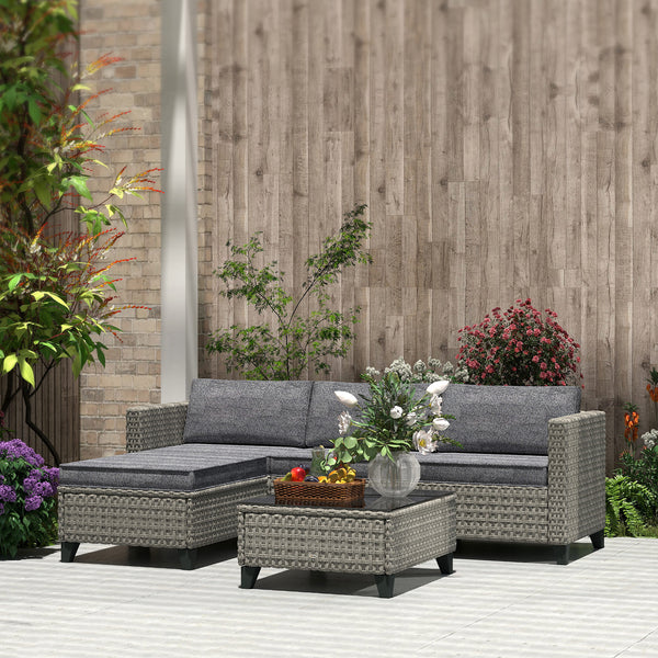 5 Pieces PE Rattan Garden Furniture Set, 4 Seater Garden Corner Sofa Set with Glass Coffee Table, Wicker Outdoor Furniture Set with Cushions for Patio Deck, Dark Grey