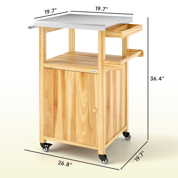 Outsunny Outdoor Grill Cart with Wheels, Storage Cabinet, Solid Wood Outdoor Kitchen Island with Stainless Steel Top, Movable Bar Cart with Spice Rack, Side Handle, Integrated Hole for BBQ, Natural