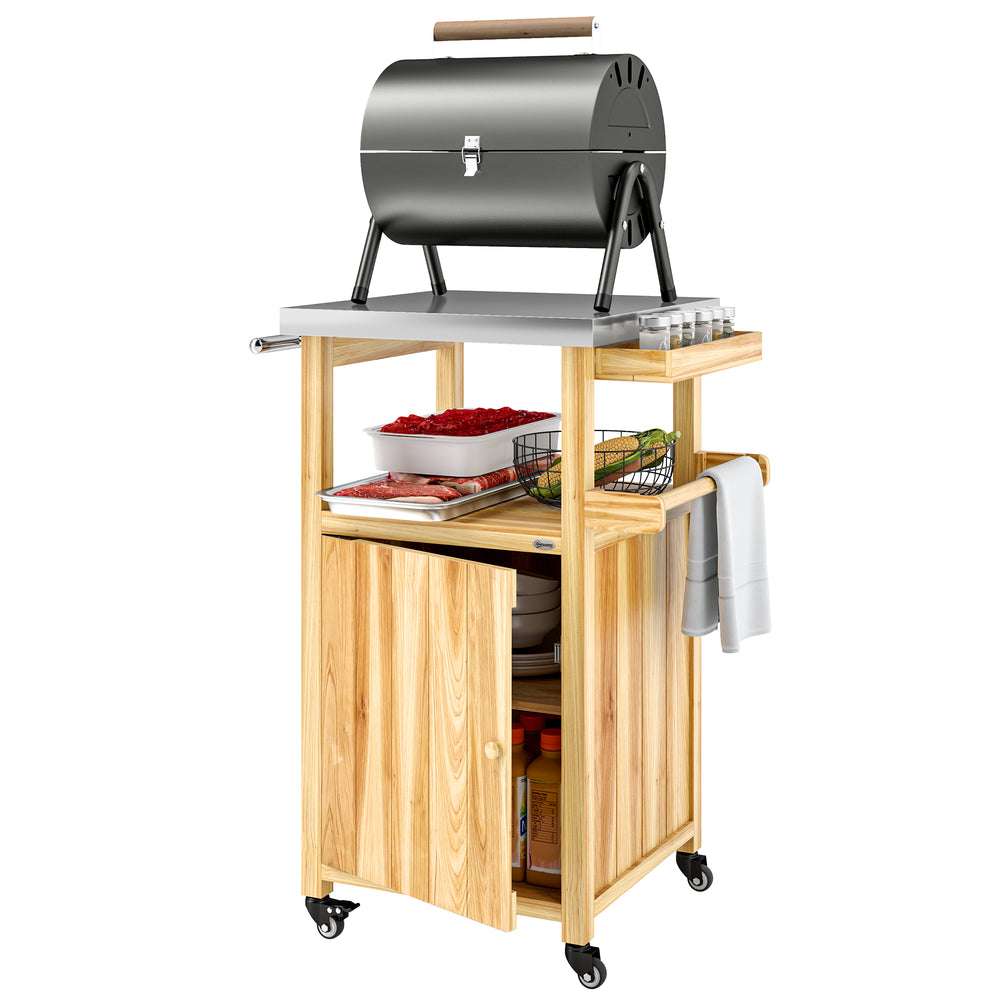 Outsunny Outdoor Grill Cart with Wheels, Storage Cabinet, Solid Wood Outdoor Kitchen Island with Stainless Steel Top, Movable Bar Cart with Spice Rack, Side Handle, Integrated Hole for BBQ, Natural