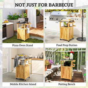 Outsunny Outdoor Grill Cart with Wheels, Storage Cabinet, Solid Wood Outdoor Kitchen Island with Stainless Steel Top, Movable Bar Cart with Spice Rack, Side Handle, Integrated Hole for BBQ, Natural