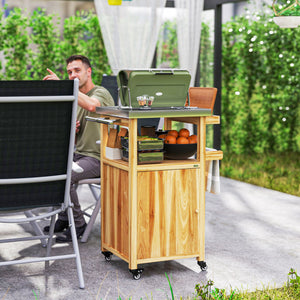 Outsunny Outdoor Grill Cart with Wheels, Storage Cabinet, Solid Wood Outdoor Kitchen Island with Stainless Steel Top, Movable Bar Cart with Spice Rack, Side Handle, Integrated Hole for BBQ, Natural