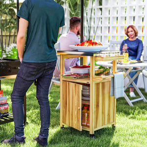 Outsunny Outdoor Grill Cart with Wheels, Storage Cabinet, Solid Wood Outdoor Kitchen Island with Stainless Steel Top, Movable Bar Cart with Spice Rack, Side Handle, Integrated Hole for BBQ, Natural