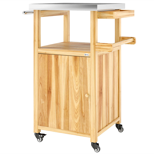 Outsunny Outdoor Grill Cart with Wheels, Storage Cabinet, Solid Wood Outdoor Kitchen Island with Stainless Steel Top, Movable Bar Cart with Spice Rack, Side Handle, Integrated Hole for BBQ, Natural