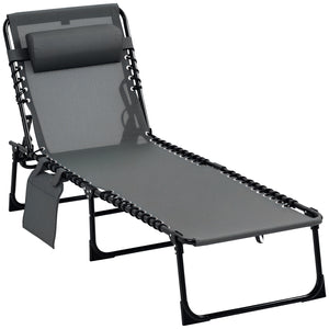 Folding Lounge Chair, Reclining Tanning Chair, Portable Sun Lounger with Adjustable Backrest and Removable Pillow for Patio, Garden, Beach, Grey