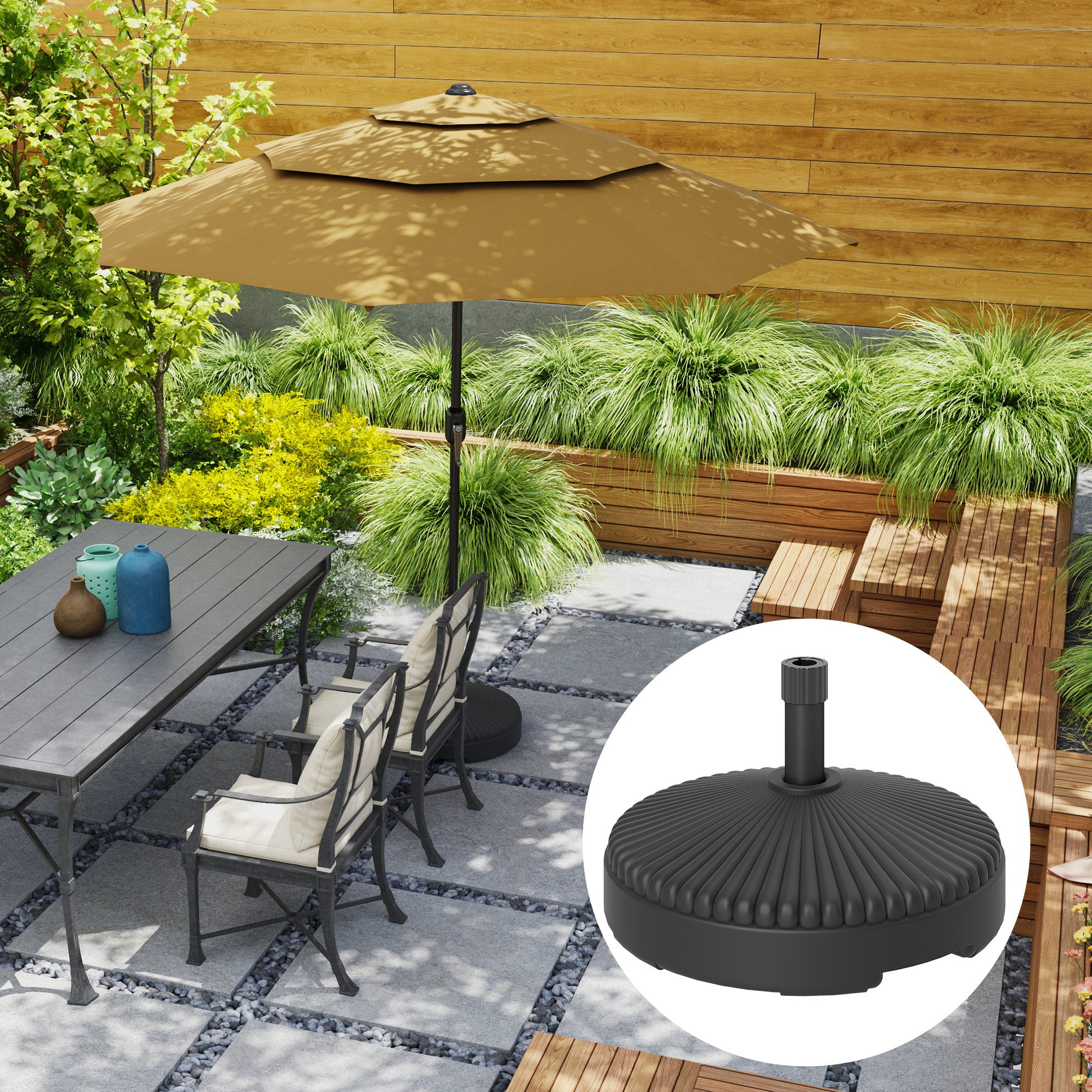 heavy weight patio umbrella stand Outsunny Round Patio Umbrella Base Holder, Heavy Duty Outdoor Umbrella Stand Base, Filled Up to 62lbs with Stand or 51lbs with Water for Garden, Pools