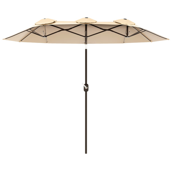 Outsunny Double-sided Patio Umbrella 9.7' Large Outdoor Market Umbrella with Push Button Tilt and Crank, 3 Air Vents and 12 Ribs, for Garden, Deck, Pool, Brown