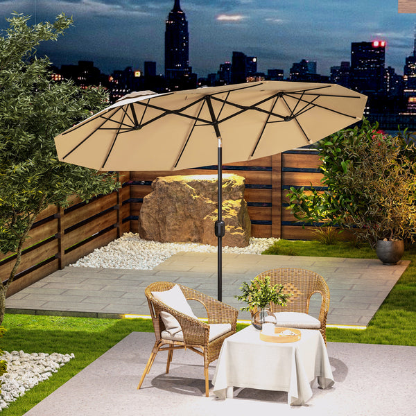 Outsunny Double-sided Patio Umbrella 9.7' Large Outdoor Market Umbrella with Push Button Tilt and Crank, 3 Air Vents and 12 Ribs, for Garden, Deck, Pool, Brown