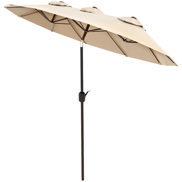 Outsunny Double-sided Patio Umbrella 9.7' Large Outdoor Market Umbrella with Push Button Tilt and Crank, 3 Air Vents and 12 Ribs, for Garden, Deck, Pool, Brown