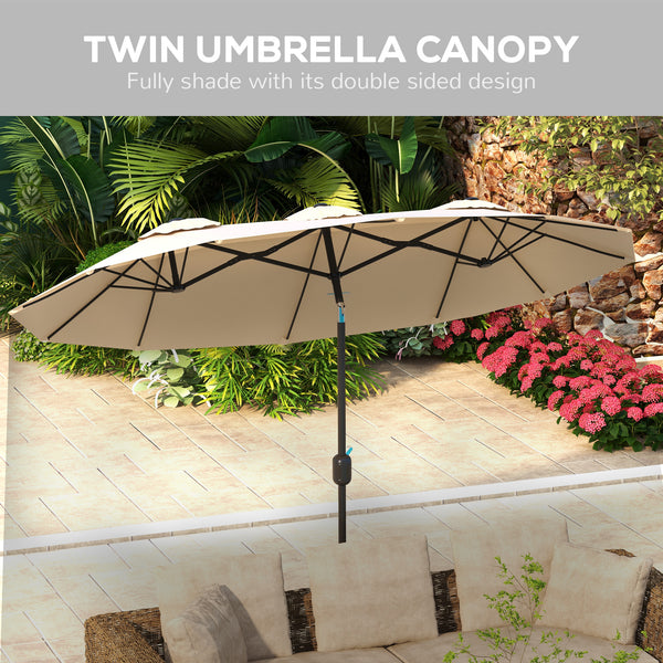 Outsunny Double-sided Patio Umbrella 9.7' Large Outdoor Market Umbrella with Push Button Tilt and Crank, 3 Air Vents and 12 Ribs, for Garden, Deck, Pool, Brown