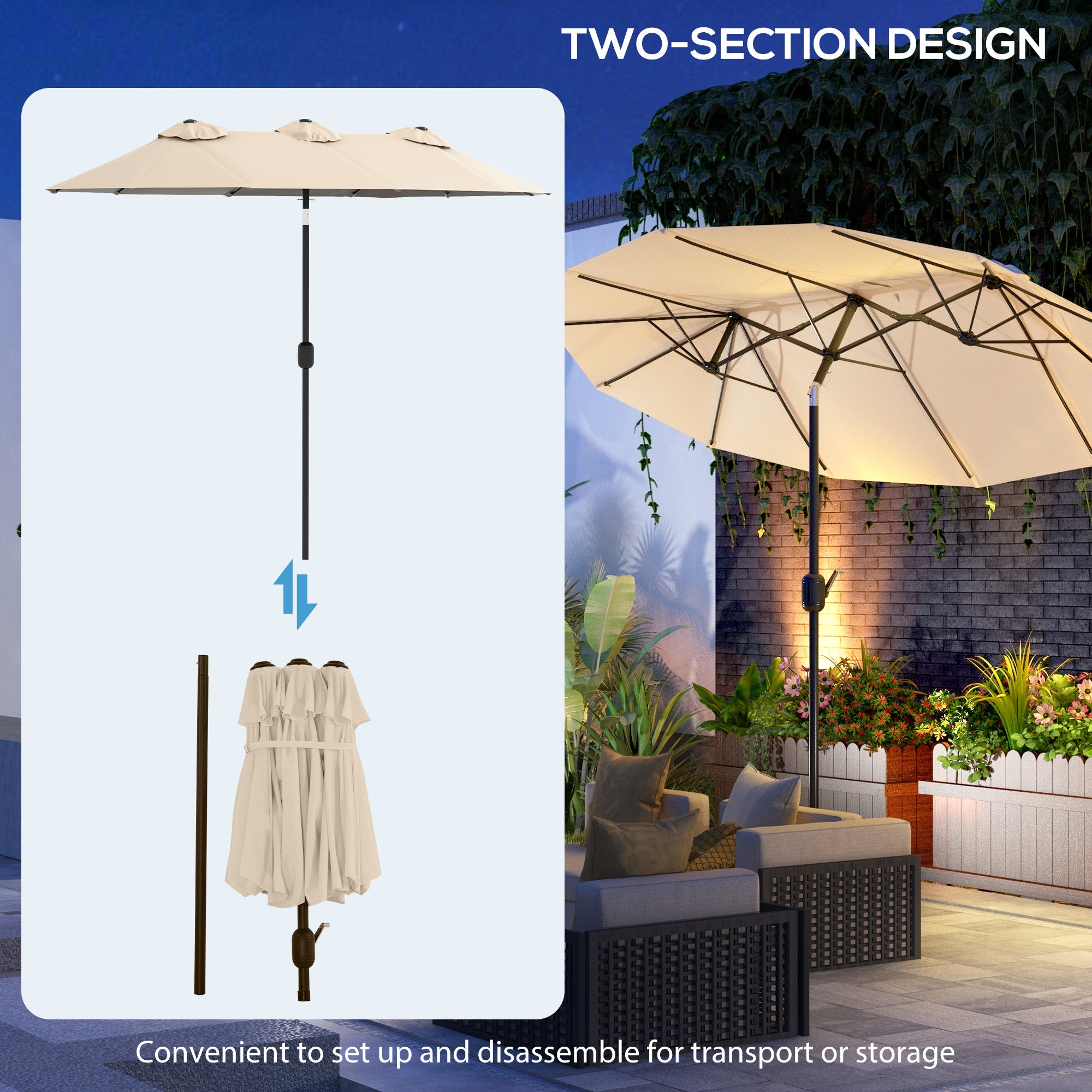 double vented patio umbrella Outsunny Brown Double-sided Patio Umbrella 9.5' Outdoor Market Umbrella with Tilt & Crank