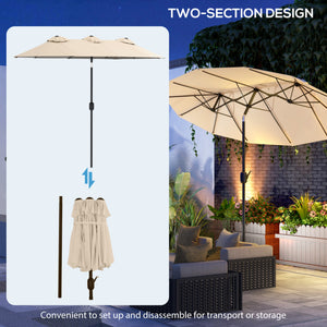 Outsunny Double-sided Patio Umbrella 9.7' Large Outdoor Market Umbrella with Push Button Tilt and Crank, 3 Air Vents and 12 Ribs, for Garden, Deck, Pool, Brown