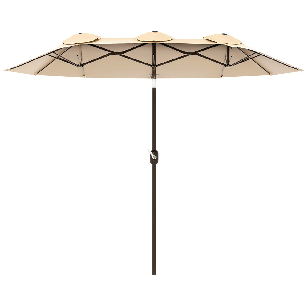 Outsunny Double-sided Patio Umbrella 9.7' Large Outdoor Market Umbrella with Push Button Tilt and Crank, 3 Air Vents and 12 Ribs, for Garden, Deck, Pool, Brown