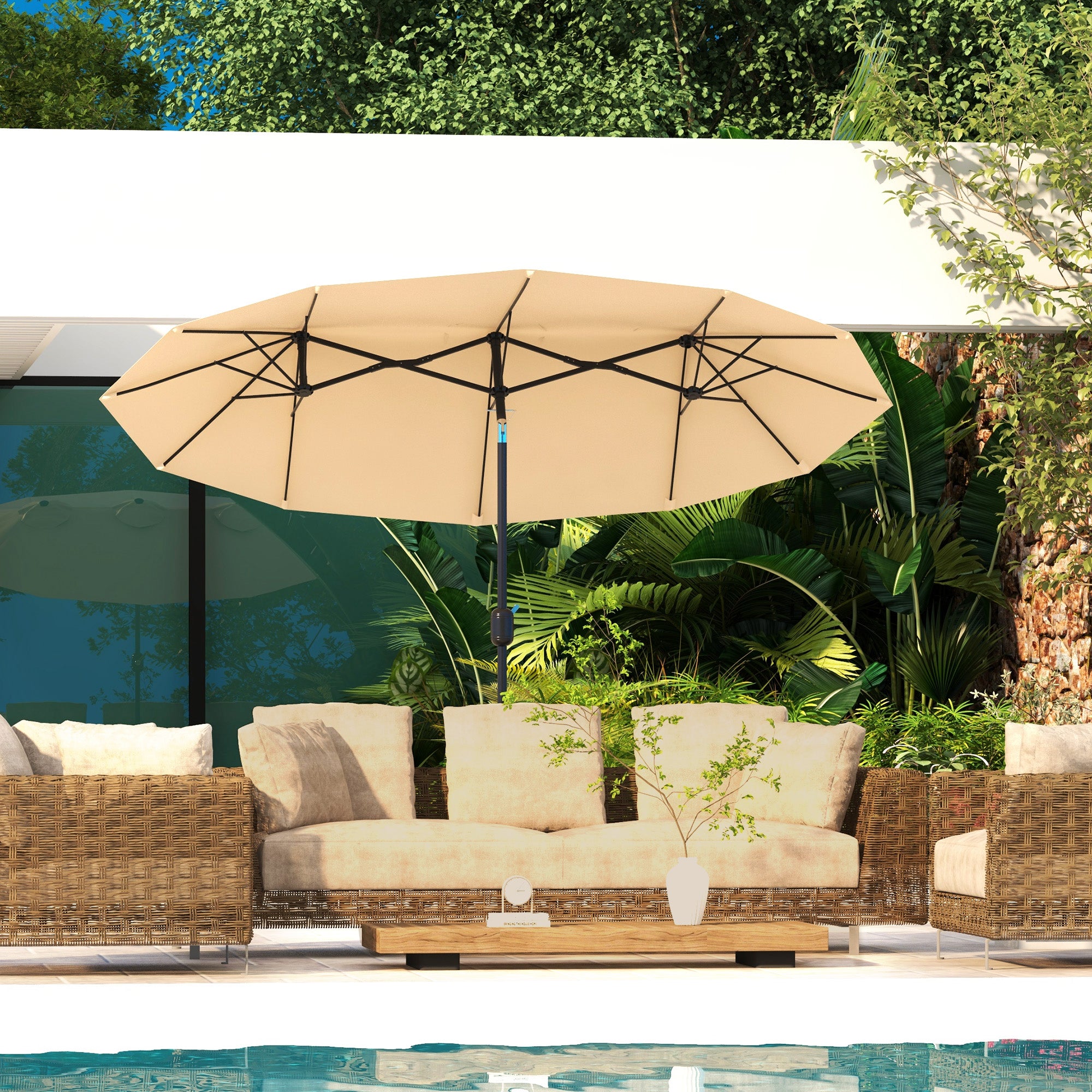large free standing patio umbrellas Outsunny Brown Double-sided Patio Umbrella 9.5' Outdoor Market Umbrella with Tilt & Crank