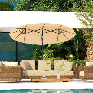 Outsunny Double-sided Patio Umbrella 9.7' Large Outdoor Market Umbrella with Push Button Tilt and Crank, 3 Air Vents and 12 Ribs, for Garden, Deck, Pool, Brown