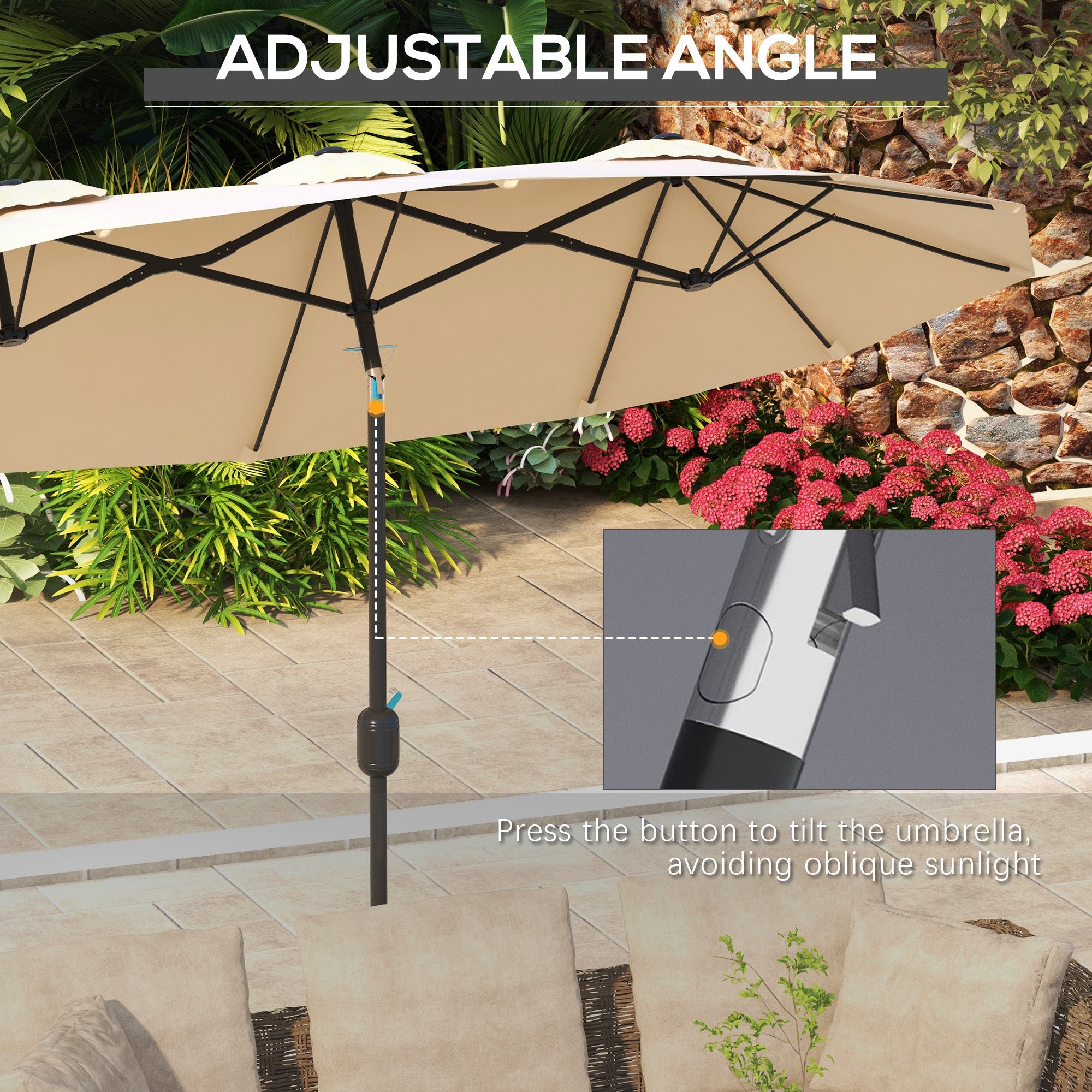 7.5 or 9 umbrella patio Outsunny Brown Double-sided Patio Umbrella 9.5' Outdoor Market Umbrella with Tilt & Crank