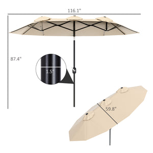 Outsunny Double-sided Patio Umbrella 9.7' Large Outdoor Market Umbrella with Push Button Tilt and Crank, 3 Air Vents and 12 Ribs, for Garden, Deck, Pool, Brown