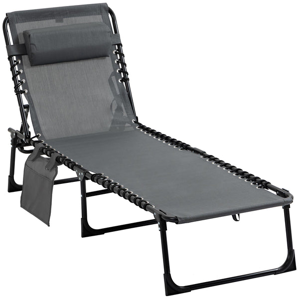 Folding Lounge Chair, Reclining Tanning Chair, Portable Sun Lounger with Adjustable Backrest and Removable Pillow for Patio, Garden, Beach, Grey