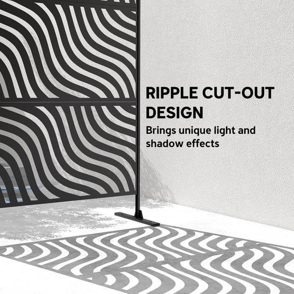 Metal Outdoor Privacy Screen, 78" x 48" Freestanding Outdoor Divider with Stand, Decorative Privacy Panel with Ripple Cut-out Design for Garden Patio Backyard, Black