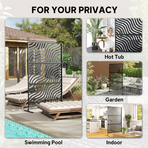 Metal Outdoor Privacy Screen, 78" x 48" Freestanding Outdoor Divider with Stand, Decorative Privacy Panel with Ripple Cut-out Design for Garden Patio Backyard, Black