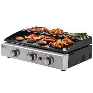 3 Burner Grill Griddle, Portable Gas Plancha with Warming Rack, 7.5 kW, Tabletop Gas BBQ with Grease Cup for Camping Picnic Patios, Black