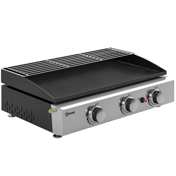 3 Burner Grill Griddle, Portable Gas Plancha with Warming Rack, 7.5 kW, Tabletop Gas BBQ with Grease Cup for Camping Picnic Patios, Black