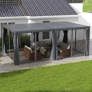 Outsunny 12' x 19' Louvered Pergola Hardtop Gazebo with Adjustable Aluminum Roof and Frame, Outdoor Pergola with Curtains and Netting, for Garden, Lawn, Backyard, and Deck, Dark Gray