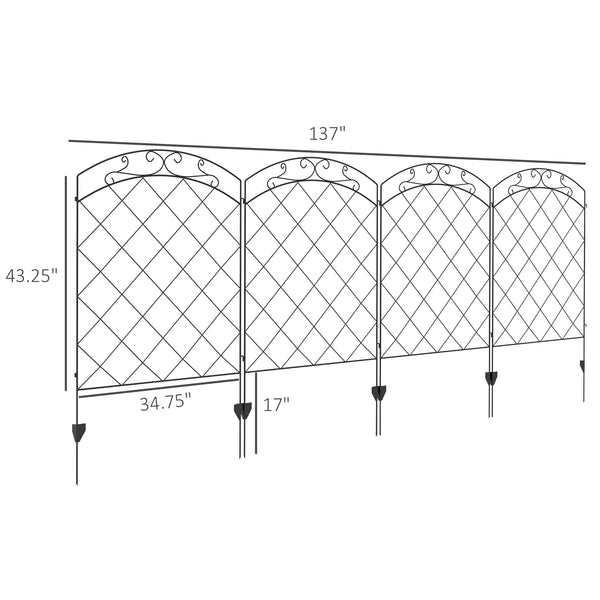 Outsunny Garden Fence, 4 Pack Steel Fence Panels, 11.5' L x 43" H, Rust-Resistant Animal Barrier Decorative Border Flower Edging for Yard, Landscape, Patio, Outdoor Decor, Swirl Vines